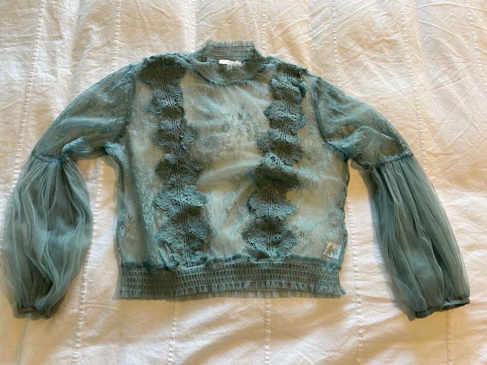 Peach Sheer Mock Neck Lace Blouse with Puff Sleeves